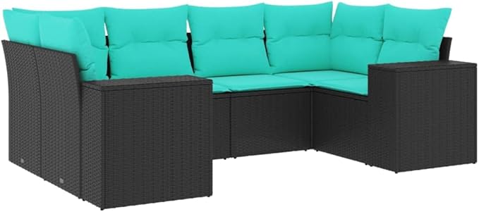 6 Piece Patio Sofa Set with Cushions, Patio Conversation Set Sectional Sofa Front Porch Furniture Outdoor Dining Sets for Negotiation Area Garden Exhibition Poolside Black Poly Rattan