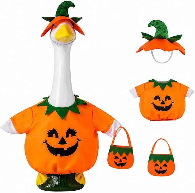 Halloween Porch Goose Outfits for 23'' Lawn Geese Statue, Pumpkin Porch Goose Outfit Costume with Witch Hat Candy Treat Bag, Outdoor Garden Goose Decor for Patio Yard Lawn Art Halloween Ornament