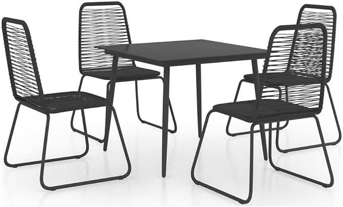 BOWERY HILL 5-Piece Patio Dining Set, Powder-Coated Steel Frame, PVC Rattan Chairs, Square Glass Table, Black Finish, Modern Design for Outdoor Garden, Patio, or Terrace Use