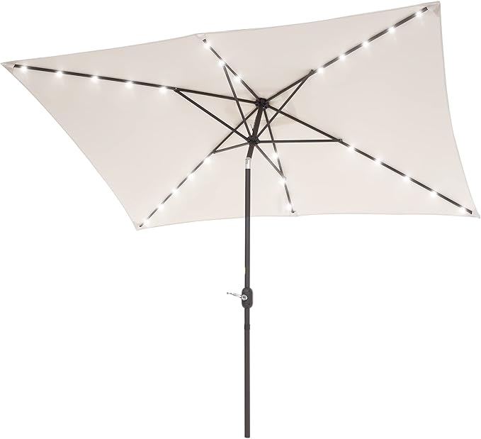 Rectangle Patio Umbrella with Solar Lights, 10 x 6.5ft Rectangular Outdoor Umbrella Table Market Patio Umbrella with Push Button Tilt and Crank for Garden, Deck, Backyard, Pool
