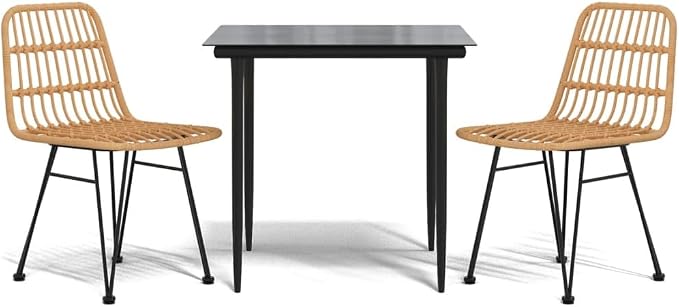 3 Piece Patio Dining Set, Outdoor Bistro Furniture with Tempered Glass Table and 2 Wicker Rattan Chairs for Balcony, Garden, Backyard, Brown