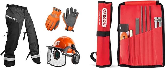 Husqvarna Classic Personal Protective Power Kit with Chainsaw Chaps & Oregon Universal Chainsaw Field 7pc Sharpening Kit - Includes 5/32-Inch, 3/16-Inch