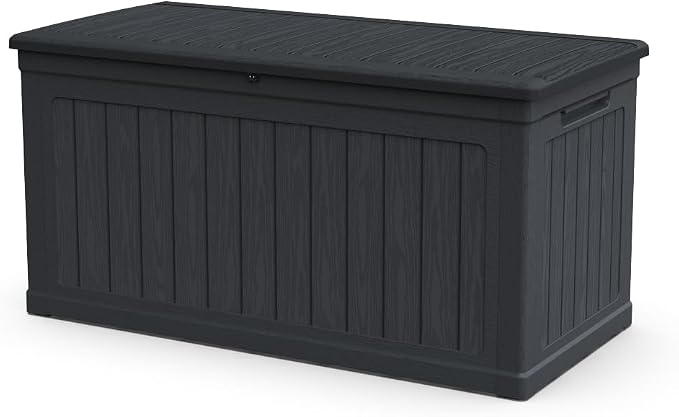 Large Outdoor Storage Deck Box for Patio Furniture, Cushions, Garden Tools and Sports Equipment – Weather-Resistant Resin with Secure Lid (Black + Plastic)