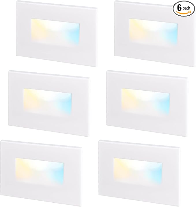 LEONLITE White 5CCT 120V LED Step Lights, 3.5W 150LM 5%-100% Dimmable Horizontal Stair Lights Indoor Outdoor Wet Location, CRI90+ & ETL, 2700K/3000K/3500K/4000K/5000K, Aluminum, Pack of 6