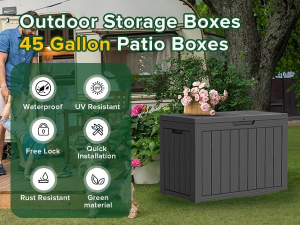 Resin Deck Box, Lockable Patio Outdoor Storage Box for Furniture, Garden Tools and Tools Storage, Waterproof Outside Storage Boxes (Black, 45 Gallon)