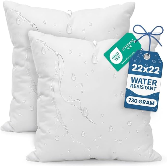 Utopia Bedding Outdoor Pillow Inserts 22 x 22 Inches (Pack of 2, White), Water Resistant Garden Throw Pillows for Patio and Porch Furniture