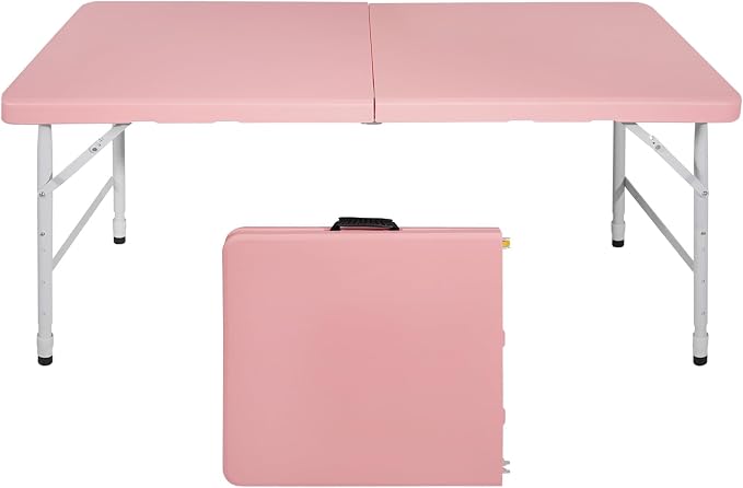Anwick 4 Foot Folding Table Portable Fold-in-Half Plastic Picnic Table w/Handle and Steel Legs for Indoor, Outdoor, Camping, Party, Garden (Pink, 4ft)