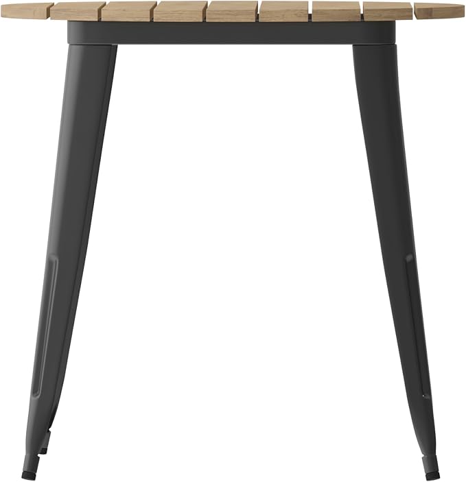EMMA + OLIVER Drew Dining Table - Brown 30" Round Poly Resin Table Top - Black Steel Base - All-Weather for Indoor/Outdoor Use
