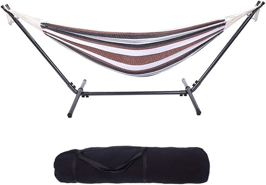 Portable Outdoor Polyester Hammock Set,Double Hammock with Steel Stand, Indoor Outdoor Brazilian-Style Cotton Bed, 2-Person Capacity Perfect for Indoor,Yard,Camping,or Outdoor,Black & Silver Flowers