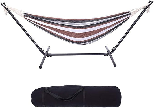 9 Ft Portable Outdoor Hammock Set with Iron Stand, Heavy Duty 2-Person, Polyester, for Backyard and Camping (Coffee)