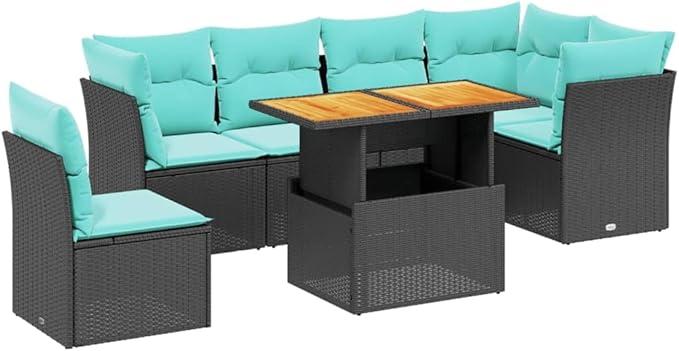 vidaXL Patio Sofa Set with Cushions 7 Piece, Outdoor Sectional Sofa Couch, Patio Conversation Set for Garden Backyard, Black Poly Rattan