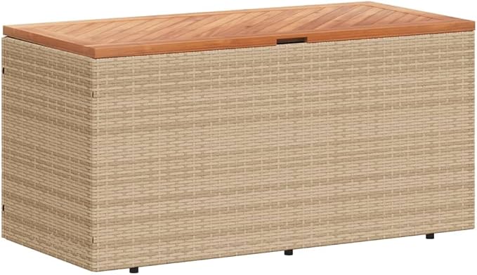 Patio Storage Box with Removable Water-Resistant Bag, Beige Outdoor Furniture Bench 43.3"x19.7"x21.3" PE Rattan & Acacia Wood Dual-Purpose Deck Box for Garden Poolside Storage