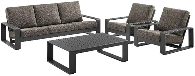 Modway Lirienne Aluminum 4-Piece Outdoor Furniture Set in Smoke – Patio Conversation Set with 3-Seater Sofa, 2 Armchairs & Coffee Table