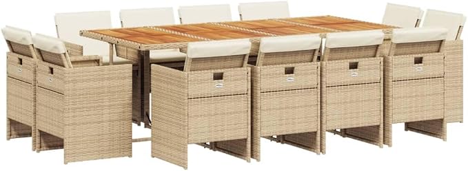 13-Piece Patio Dining Set with Cushions Beige Poly Rattan Outdoor Furniture Set for Garden Backyard, Foldable Chairs & Acacia Wood Table