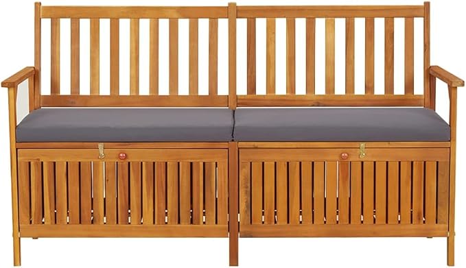 Patio Storage Bench with Gray Cushion, Outdoor Wooden Deck Box, Solid Wood Patio Furniture for Outdoor Cushions, Pool Storage and Garden Tools, 58.3"x24.4"x33.1", -332