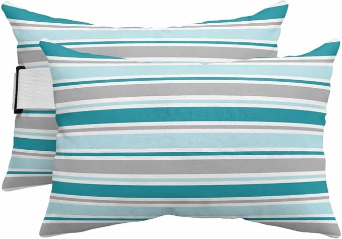 Pack of 2 Outdoor Lumbar Pillow Covers 11x16 Inch, Grey Blue Striped Waterproof Throw Pillow Covers Set, Farmhouse Stripes Modern Abstract Art Outside Decorative Cushion Cases for Patio Porch Car