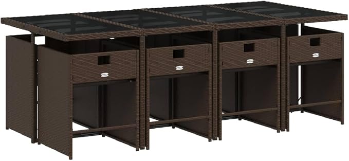 9 Piece Patio Dining Set, Outdoor Rattan Cube Table and 8 Chairs with Padded Cushions, Space-Saving Backyard Furniture for Garden, Brown