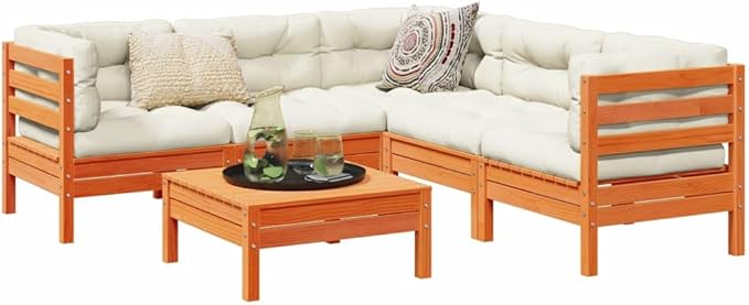 6 Piece Patio Sofa Set with Cushions, Patio Conversation Set Garden Lounge Set Porch Furniture Set Outdoor Dining Sets for Poolside Piazza Exhibition Wax Brown Solid Wood Pine