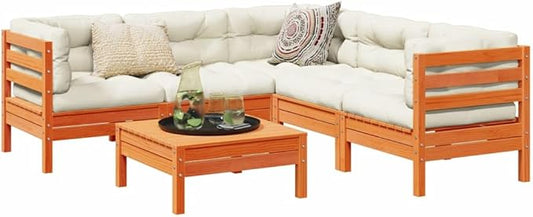 6 Piece Patio Sofa Set with Cushions, Patio Conversation Set Garden Lounge Set Porch Furniture Set Outdoor Dining Sets for Poolside Piazza Exhibition Wax Brown Solid Wood Pine
