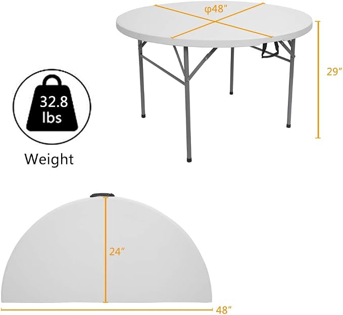 48" Round Folding Commercial Table, 4 Feet Portable Plastic Dining Card Table for Kitchen or Outdoor Party Wedding Event