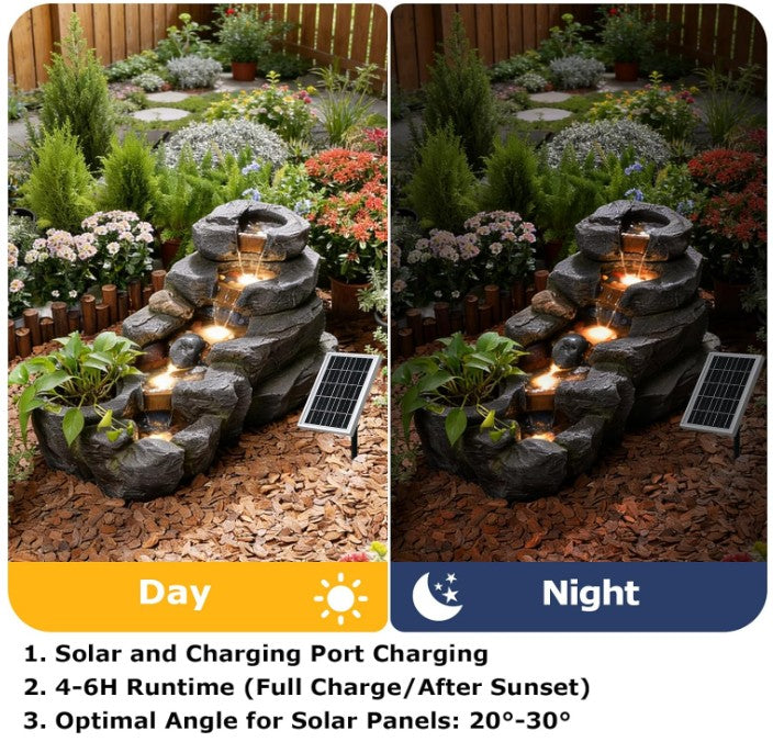 Solar Water Fountain Outdoor, 38 "L Rock Waterfall Fountains Solar Powered Floor Standing Outdoor Water Feature with LED Lights for Patio, Garden,Porch, Yard, Home Art Decor（Grey）