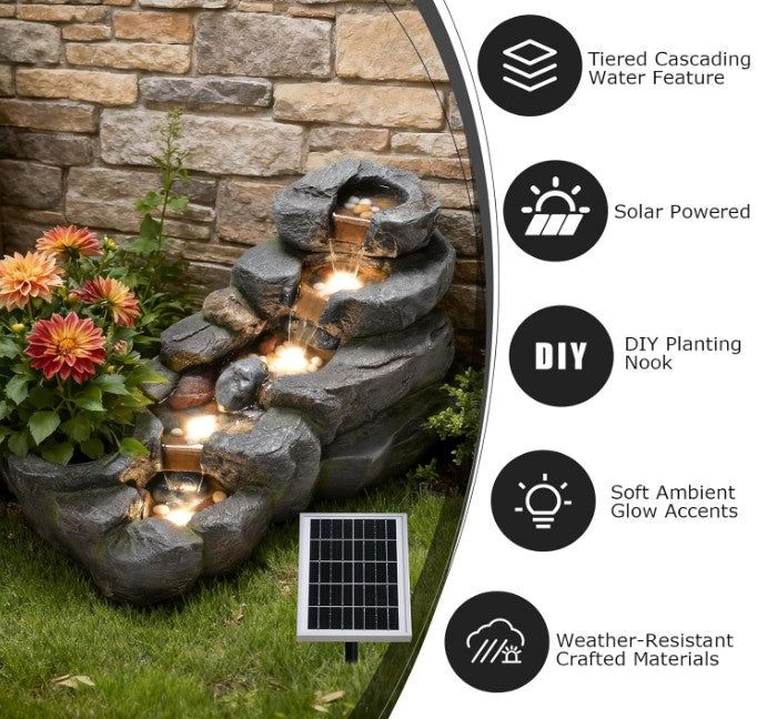 Solar Water Fountain Outdoor, 38 "L Rock Waterfall Fountains Solar Powered Floor Standing Outdoor Water Feature with LED Lights for Patio, Garden,Porch, Yard, Home Art Decor（Grey）