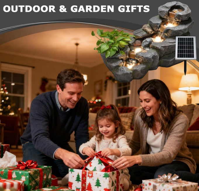 Solar Water Fountain Outdoor, 38 "L Rock Waterfall Fountains Solar Powered Floor Standing Outdoor Water Feature with LED Lights for Patio, Garden,Porch, Yard, Home Art Decor（Grey）