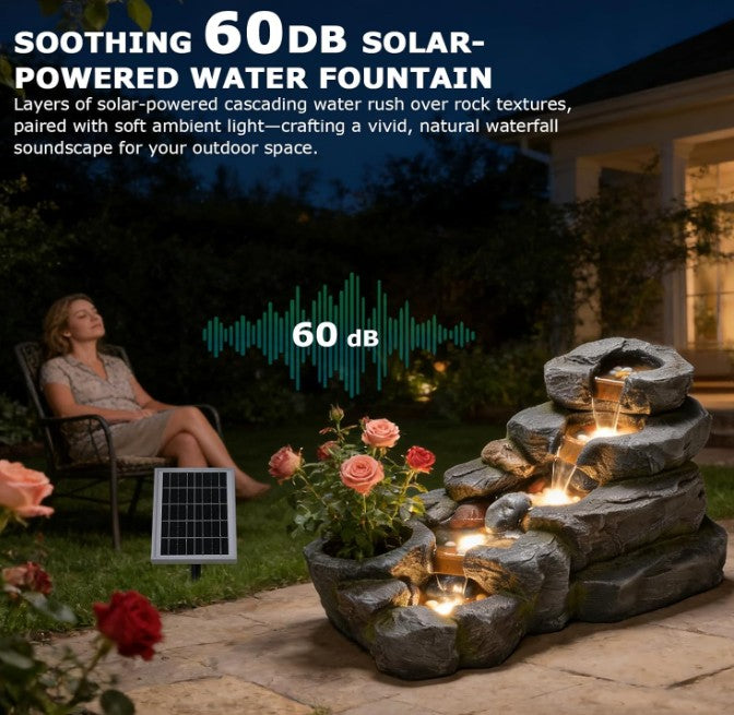 Solar Water Fountain Outdoor, 38 "L Rock Waterfall Fountains Solar Powered Floor Standing Outdoor Water Feature with LED Lights for Patio, Garden,Porch, Yard, Home Art Decor（Grey）