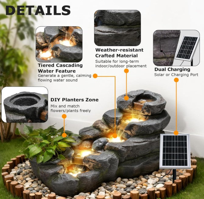 Solar Water Fountain Outdoor, 38 "L Rock Waterfall Fountains Solar Powered Floor Standing Outdoor Water Feature with LED Lights for Patio, Garden,Porch, Yard, Home Art Decor（Grey）
