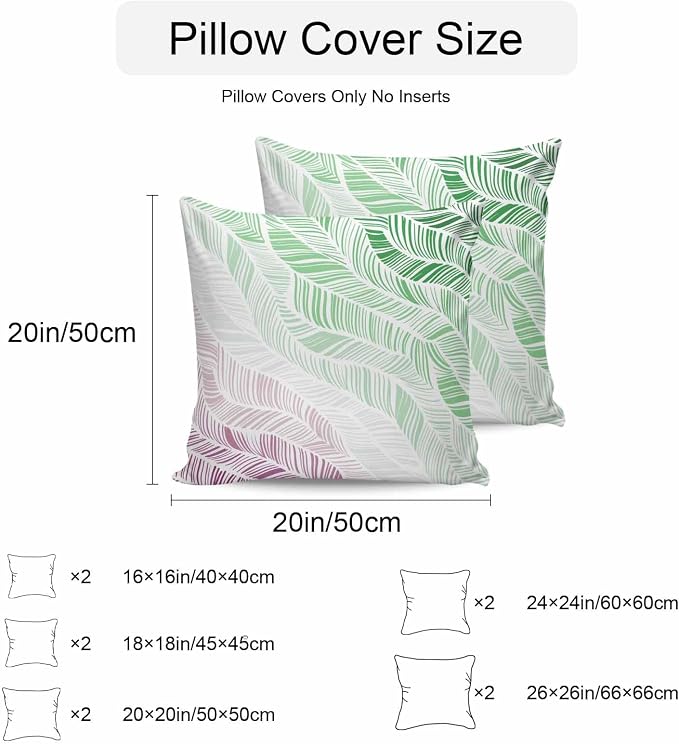 Vandarllin Outdoor Throw Pillows Covers 16x16 inch Set of 2 Waterproof Summer Beach Decorative Zippered Cushion Covers for Patio Furniture, Ombre Green Abstract Leaf Lines Lumbar Pillowcases