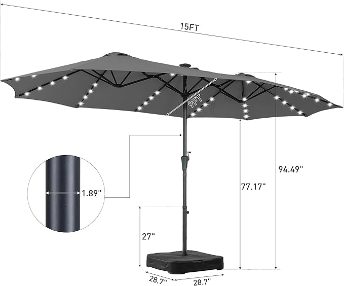 15 ft Patio Umbrella with 48 LED Lights, Large Rectangle Outdoor Solar Umbrella with Matching Base, Strap, Crank, Grey