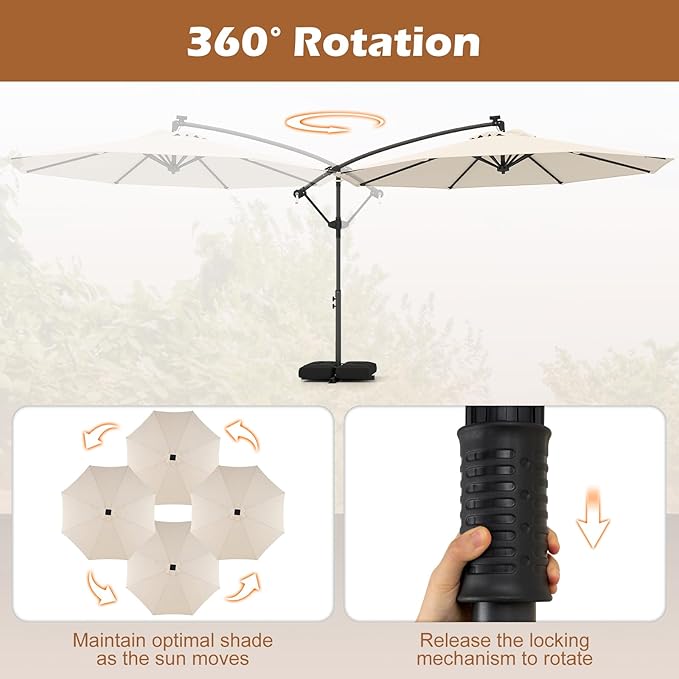 Tangkula 10ft Solar Patio Umbrella with Base Included, Offset Cantilever Outdoor Umbrella with 32 LED Lights, 360 Degree Rotation, Crank Handle for Pool Deck Garden Backyard (Beige)