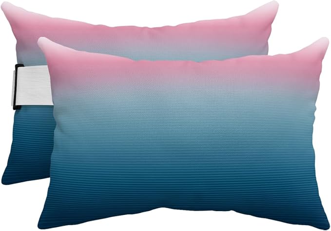 Outdoor Pillows Covers with Inserts Pink Blue Ombre Stripe Line Gradient Waterproof Recliner Pillow with Adjustable Strap Throw Pillows for Patio Furniture Pool Lounge Chair, 12x20 Inch, 2PCS