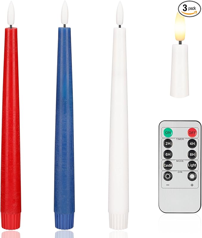 Patriotic Flameless Taper Candles With 3D Wick - 9.6" Real Wax Red White and Blue With Remote and Timer - 4th of July LED Battery Operated Fake Candles, 3 Pack