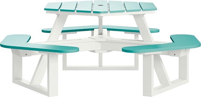 Shoreline Made in USA Hexagon Picnic Table, Seating for 6, White with Seaglass Blue
