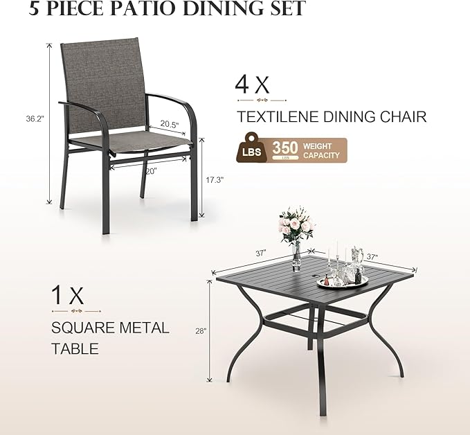 HERA'S HOUSE 5-Piece Patio Table and Chairs, Outdoor Dining Set for 4, Square Metal Table and Textilene Chairs with Umbrella Hole for Lawn Garden Backyard Deck, Brown