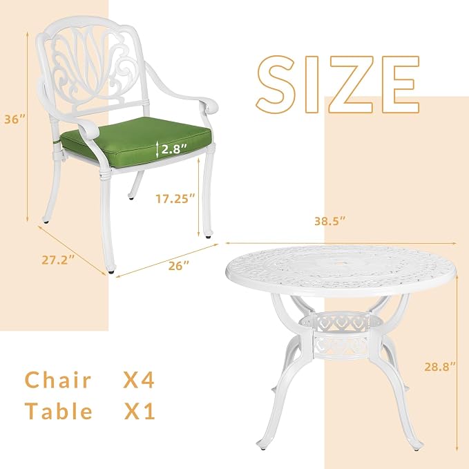 5-Piece Outdoor Patio Dining Set, All-Weather Cast Aluminum Patio Furniture Set for Backyard Garden Deck with 4 Chairs, 4 Cushions and 38.5” Round Table, 2.2" Umbrella Hole, White