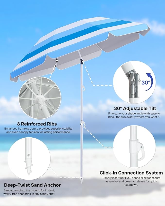 paramondo Beach Umbrella with Sand Anchor, Ultimate Adjustable Shade with Tilt & 360° Rotation, Portable 6FT Round Umbrella with Carry Bag, Windproof for Pool Patio Beach