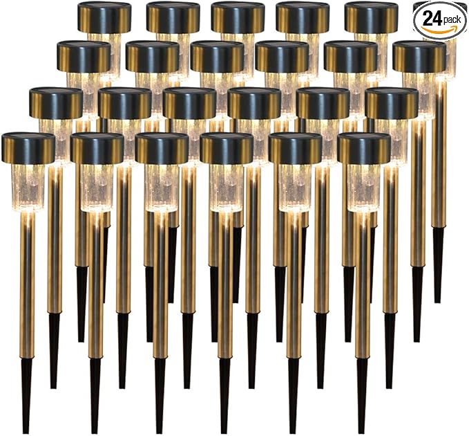 Stainless Steel Outdoor Solar Lights - Waterproof, LED Lawn Lamps Lighting Solar Powered Outdoor Lights Solar Garden Lights for Pathway Patio Yard (24pcs-Warm White)