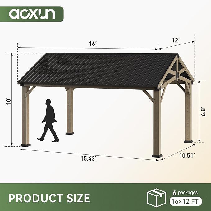 Aoxun 12' x 16' Outdoor Wood Gazebo with 20" Ceiling Fan with Light, Hardtop Gazebo Permanent Wooden Pavilion with Galvanized Steel Gable Roof, for Patio, Garden, Deck, Cedar Wood