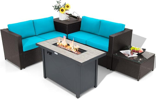 Tangkula 5-Piece Patio Furniture Set with 42 Inches Propane Fire Pit Table, Outdoor Wicker Conversation Set with Cushions, Storage Box and Coffee Table, 60,000 BTU Propane Fire Pit Table (Turquoise)
