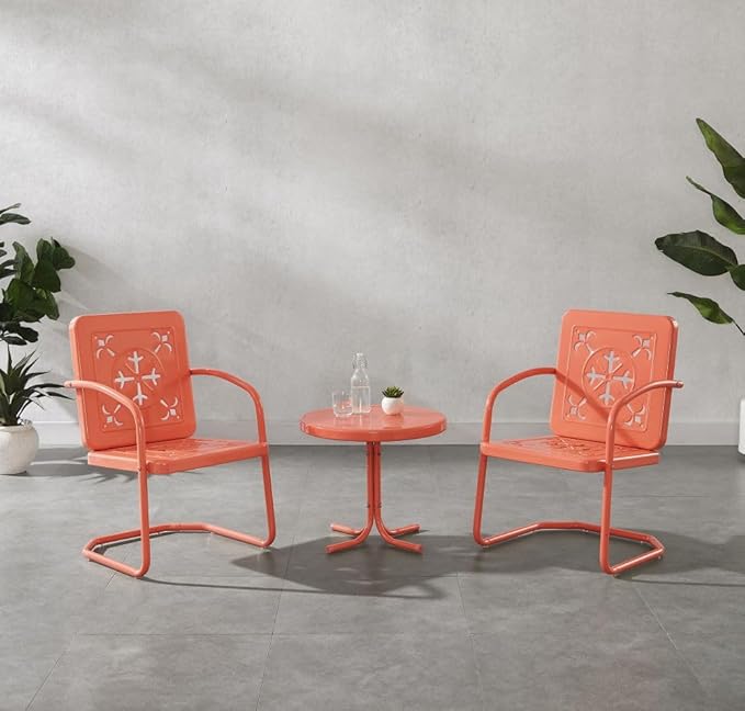 Crosley Furniture Azalea 3-Piece Vintage Outdoor Chair and Side Table Set, Retro Metal Patio Conversation Sets, Coral Gloss