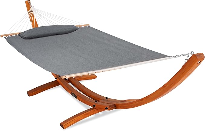 Lazy Daze Hammocks Sunbrella Fabric Hammock with 13FT Wood Arc Stand, 2 Person Outdoor Hammock Combo with Free Pillow, All Weather & Fade Resistant, for Indoor Patio Yard, 450 lbs Capacity, Cast Slate