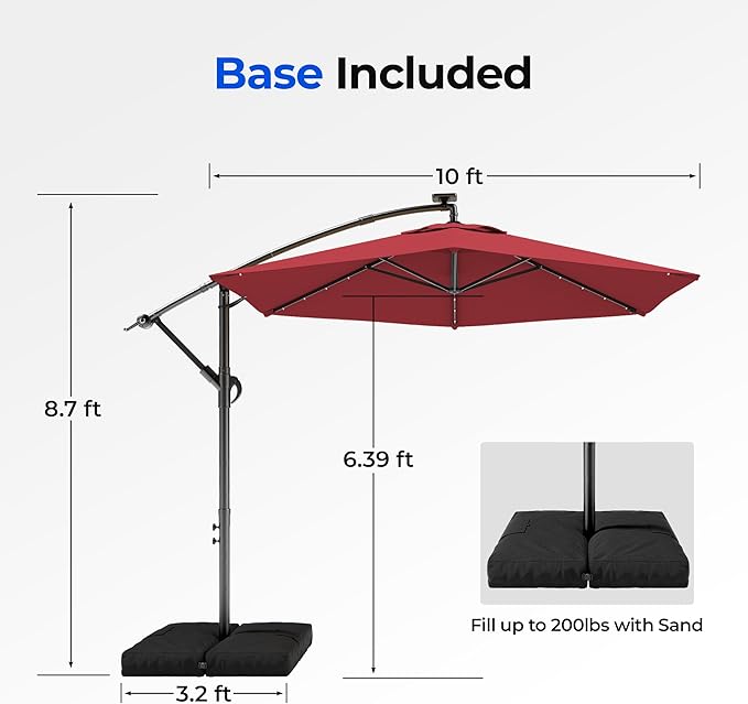 HOMSHADE 10FT Offset Patio Umbrella with Solar Lights, Outdoor Patio Umbrella with Base Included, Easy Tilt and UPF50+ Cantilever Market Hanging Umbrellas for Pool, Deck, Garden, Patio (Red)