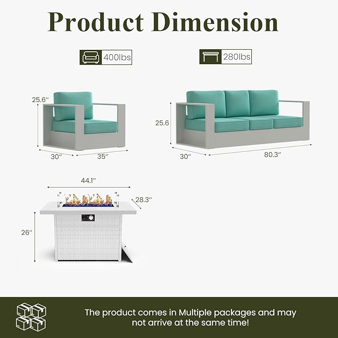 LayinSun Oversized Aluminum Outdoor Furniture Set, 4 Piece Patio Sofa Sets with Fire Pit Table, Deep Seating and Upgraded 6-inch Cushions for Porch, Balcony, Deck