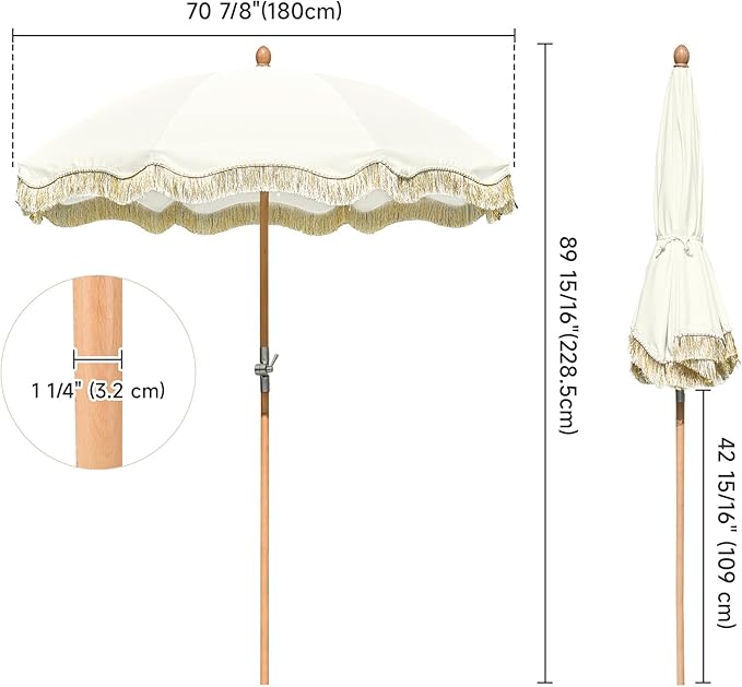 LAGarden Fringe Patio Umbrella with Carry Bag & Cover Vintage Wood for Event Outdoor Garden Yard Wedding Bistro Table