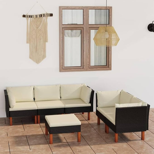 6 Piece Patio Lounge Set with Cushions, Porch Furniture Set Patio Conversation Set Front Porch Furniture Outdoor Dining Sets for Exhibition Piazza Garden Negotiation Area Poly Rattan Black