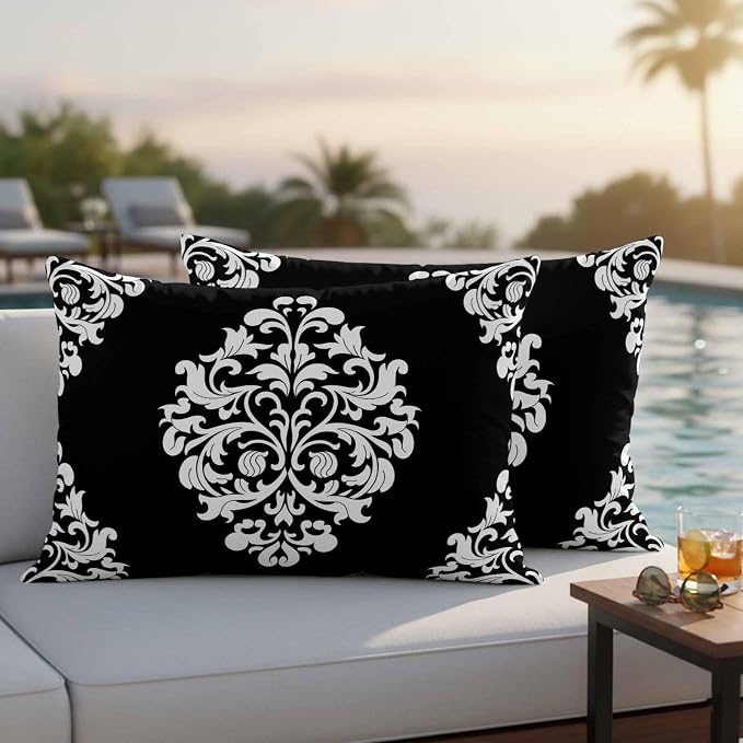 Outdoor Pillow Covers Set of 2, Aesthetic Boho Black White Floral Decorative Throw Pillow Covers 20X12IN, Abstract Minimalist Art Throw Pillows Protector Cushion Case for Patio,Couch,Sofa,Garden