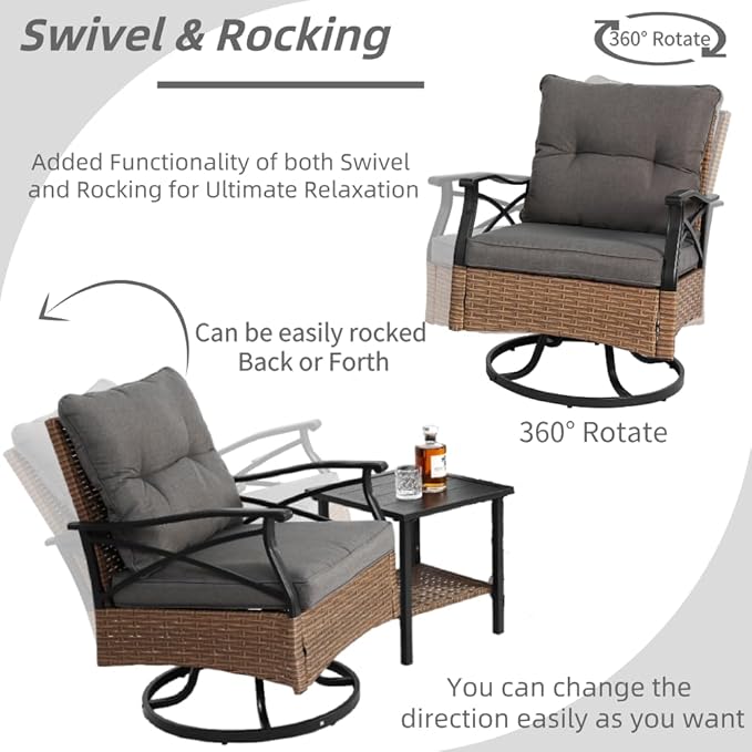 Outdoor Swivel Rocker Chairs Set 3 with 1 Table and 2 Rocking & Swivel Chairs, Brown Wicker Outdoor Furniture Patio Conversation Set