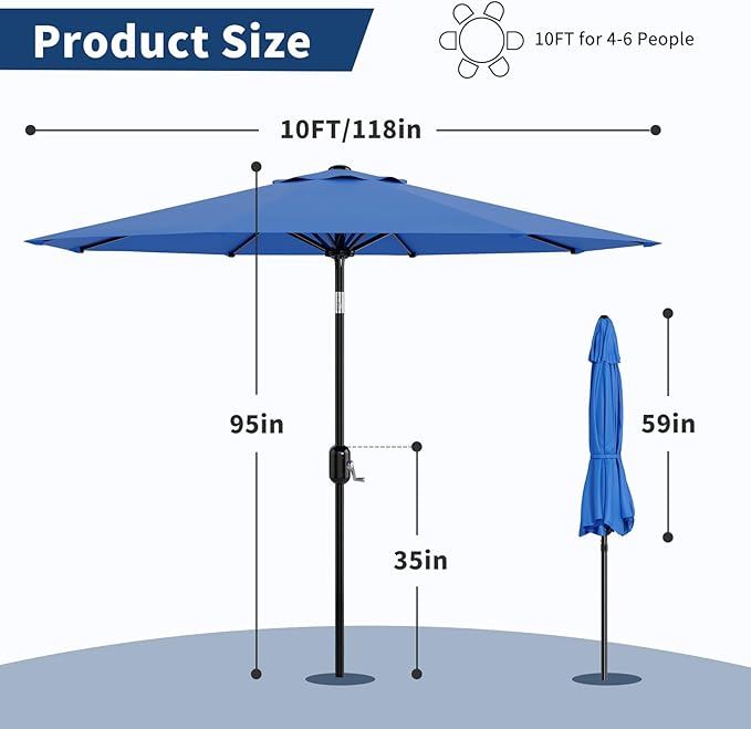10Ft Patio Umbrella - 8 Sturdy Ribs Outdoor Table Umbrella with Crank Lift & Push Button Tilt - Market Umbrella for Pool, Deck, Yard, Garden - Turquoise